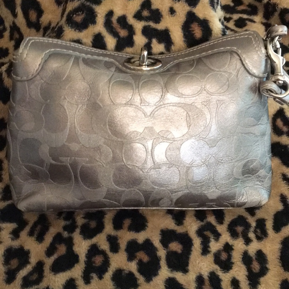 Coach leather logo wristlet.  Pewter